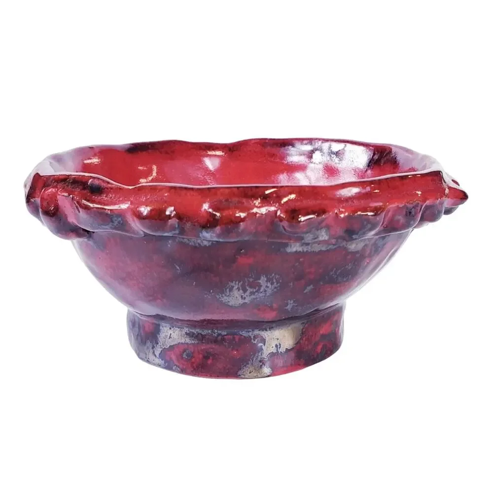 Studio Pottery Trinket Bowl Red Gunmetal Glaze Notched Rim Decor
